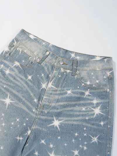 Washed Rhinestone Star Print Jeans - Damned Threads
